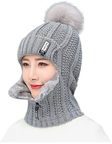 2 in 1 Winter Strickmütze Schal Mütze Set Wintermütze Beanie Damen Warme Loop Strickschal Winddichte Cap mit Fleecefutter Winter Mütze Schal Set Strickmütze Winterhüte Bommelmütze Wollmütze 55-60CM