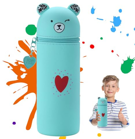 Kawaii 2-in-1 Federmäppchen aus Weichem Silikon, Stiftemäppchen Mit Reißverschluss, Niedliches 3D Cartoon Bär Mäppchen, Pencil Case für Schülerin Teenager (Grün)