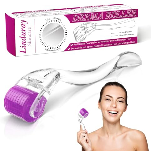 Derma-roller - Rodillo de microagujas para el crecimiento del cabello, tratamiento de pérdida de cabello, cicatrices de acné y estrías, de color rosa