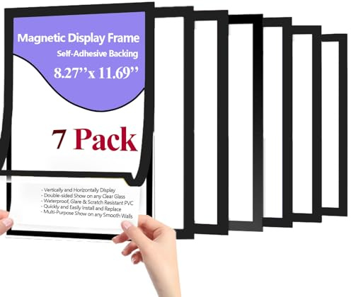 ULVBABI Lot de 7 cadres magnétiques A4 - Support mural autocollant en plastique transparent - Pour affiche, document, affiche et document (noir)