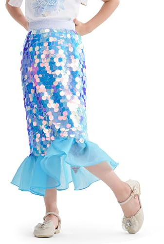 Miipat Flickkjol, paljetter, barn, sjöjungfrukjolar med foder med elastisk midja, glitter, sjöjungfrustjärtkjol, för liten flicka, födelsedag, strandfest, Färg: blå, 4-5 �r