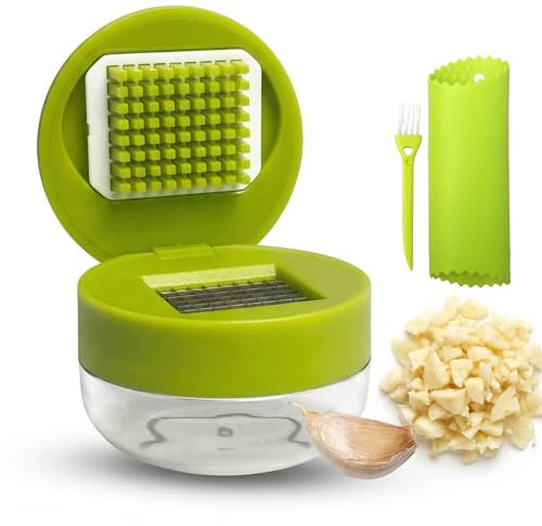 3-in-1 Garlic Press Set, Stainless Steel Crusher and Peeler, Efficient Mincer Chopper Tool with Brush for Kitchen Cooking Gadgets (6.5x6.5x5.5cm)
