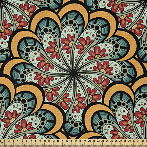 ABAKUHAUS Paisley Stoff als Meterware, marokkanische Welle, Microfaser Stoff für Dekoratives Basteln, 1M (230x100cm),Gelb Braun und Grün