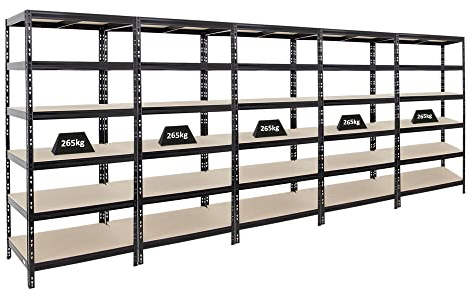 PROREGAL Mega Deal 5X Étagère Charge Lourde Giant Tiger | HxLxP 200x90x60cm | 265kg par Niveau | Noir | 6 Niveaux | Étagère Robuste de Garage, Atelier, Cave, sous-Sol, Stockage, Rangement, rayonnage