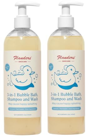 Flanders 3in1 Baby Bubble Bath, Shampoo & Body Wash 15oz Bottles with Pump | Tear-Free, Hypoallergenic Cleanser with Jojoba, Coconut & Argan Oil, Fragrance Free for Sensitive Skin, 2 Pack (30oz Total)