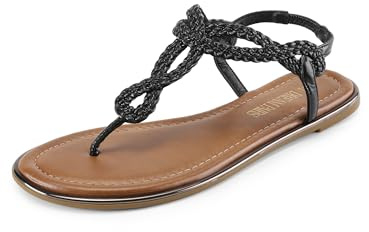 DREAM PAIRS Women's Flat Sandals | Boho-inspired braided straps, shiny sparkling trim, 4mm thick latex insole, TPR anti-slip outsole