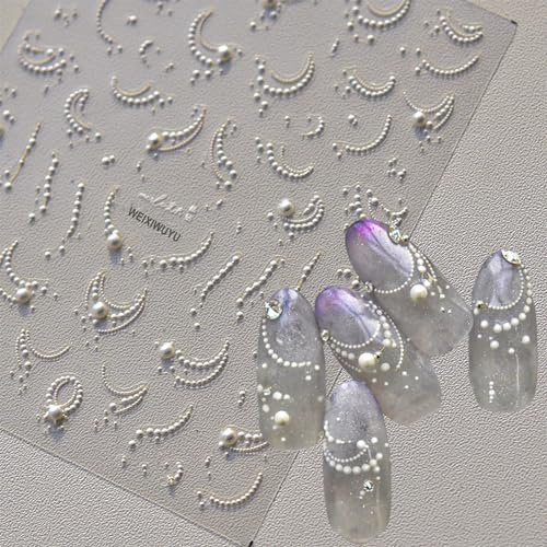 WEIXIWUYU Sticker für Nageldekoration mit weißen French-Nagelspitzen und Perlen, romantische 5D-Präge-Nagelstickerei, Nagelaufkleber mit French-Nagelspitzen für Kunstdesign von Nägeln