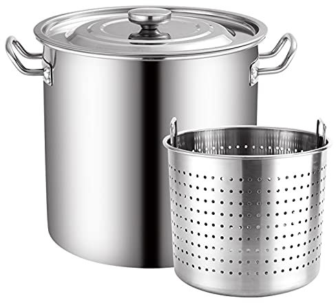 Olla de Acero Inoxidable de 20 l con colador y Tapa, Resistente, para cocinar sopas, inducción, Pulida, con asa (Plateada)
