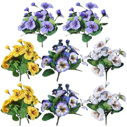 8pcs künstliche Stiefmütterchen, Seidenblumen 9 -Zoll realistische künstliche Blumen, Nachahmungsmuschelne -Seidenblumen, UV -Widerstand gefälschte Blumen für Pflanzer Pot Home Garten Innendekor