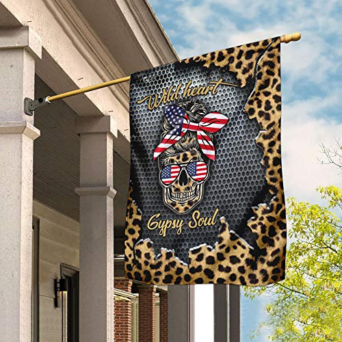 Banners Banderas Corazón Salvaje Alma Gitana Cráneo De Leopardo Resistente A La Intemperie Bandera Pirata Poliester Flag Para Fiestas Procesión Balcón 70X102Cm