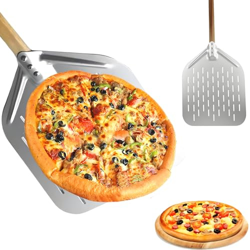 Pizzaspade perforerad aluminiumpizzaspade, 40 x 30 cm 12 tum nonstick pizzaspade med avtagbart trähandtag, professionell anodiserad aluminiumpizzaspade pizzaugn pizzaspade
