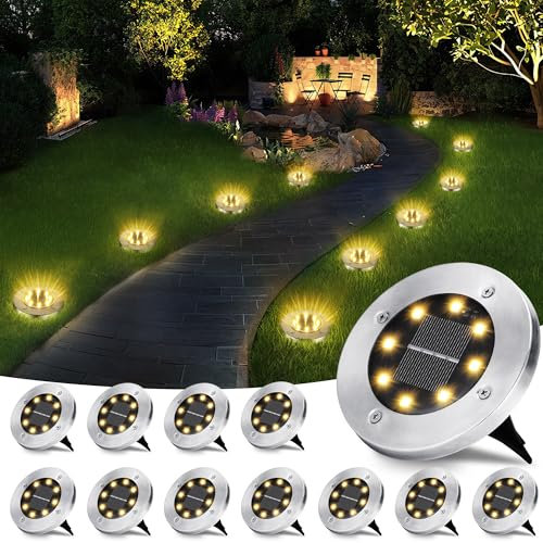 PhilzOps Lot de 12 Lampe Solaire Exterieur Jardin, 8 LED Spot Solaire Au Sol Blanc Chaud Etanche Lumiere Solaires Extérieure Decorative Éclairage pour Chemin Pelouse Terrasse Piscine Allée Escaliers