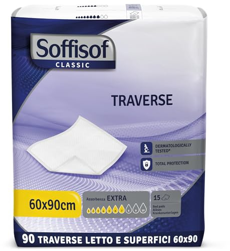 Soffisof Inkontinenz-Bettschutz 60x90 Extra - 90x einweg Bettunterlage für Erwachsene - 6 Packungen mit 15 Bettunterlagen, 7 Tropfen - Inkontinenzunterlage für Betten