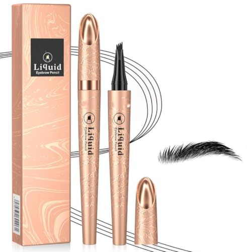 Microblading Augenbrauenstift mit 4 Mikrogabelspitzen – 3D Wasserdichter Augenbrauenstift Härchenzeichnung für Natürlichen Look, Wischfester Magischer Eyebrow Pencil(Schwarz)