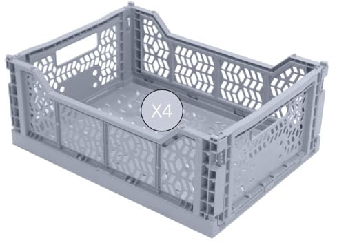 Box and beyond - Lot de 4 Caisses de Rangement pliables - 40 x 30 x 15 cm - Plastique Gris Clair - Pliables - Avec Poignées - Rangement - Cuisine, Bureau, Chambre, Salon - Style Simple et Pratique