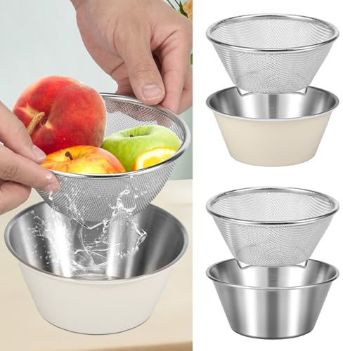 2pack Mixing Bowl and Colander Set Small 14cm Stainless Steel Non Slip Salad Servers Rice Washing Bowl Colander Nesting Bowls for Pasta Spaghetti Rinser