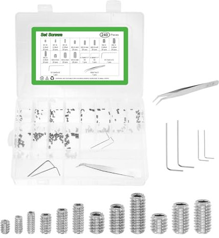 sourcing map Allen Head Socket Hex Grub Screw Assortment Kit, 240PCS M1.6/M2//M2.5/M3 304 Stainless Steel Internal Hex Drive Cup-Point Set Screws Assortment Kit