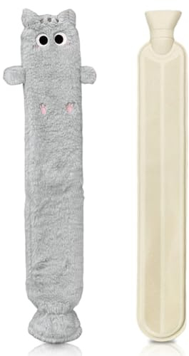 Wärmflasche Katzen Lang Mit Weichem Bezug 2l,Wärmflasche Tier Mit Bezug,Extra Lange Nackenwärmflasch,Abnehmbare Und Waschbare Für Kinder,75cm,Premium Wärmflaschenbezug,Geschenk (Grau)