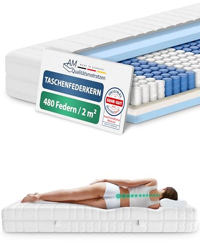 AM Qualitätsmatratzen 7 Zonen Taschenfederkernmatratze 90x200cm H4 - Made in Germany - Ergonomische Federkernmatratze 90x200 mit waschbarem Bezug - Oeko TEX zertifizierte Matratze 90x200 20cm hoch