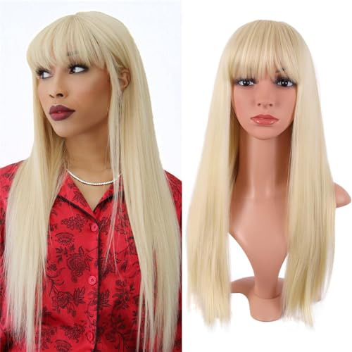 ZXTGBQ Pelucas Mujer, Pelucas Mujer Pelo Natural, pelucas Rubias Con Flequillo, 24 Pulgada/60 cm, Peluca Ombre de Pelo Sintético Natuaral Resistente al Calor, Halloween/Fiesta y Uso Diario