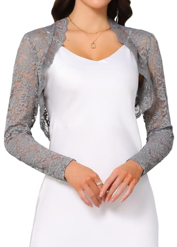 Allegra K Mujer Vestido de Noche con Volantes Y Encaje Floral Cárdigan Corto con Frente Abierto Y Manga Larga Gris L