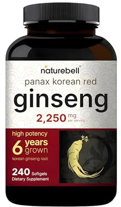NatureBell Panax Korean Red Ginseng - 240 Softgels - 2,250mg High Strength Herbal Vitality Support* - Standardized 10% Ginsenosides from Six-Year-Old Ginseng Root - Energy & Immune Support*