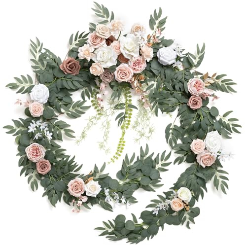 Ling's moment 9FT Spring Flower Garland for Backdrop Decorations - Wedding Arch Flowers, Eucalyptus & Rose, Artificial Floral Garland for Mantle - Sweetheart Table Decor for Reception, Dusty Rose