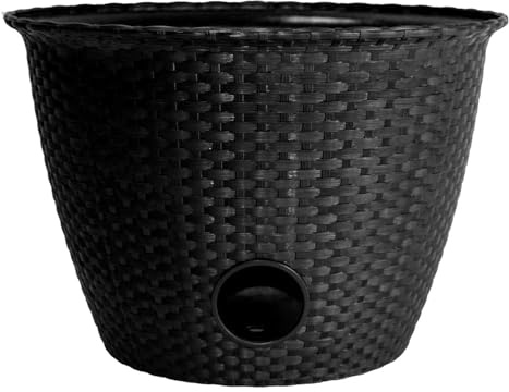 The HC Companies Woven Garden Hose Holder - Lightweight Plastic Decorative Water Hose Holder w/100-Foot Capacity - Garden Hose Pots for Outside (18”, Black, Pack of 1)