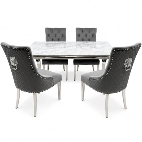 ASR INTERIORS Grey & Silver Marble Dining Table with 4 Grey Plush Velvet Lion Knocker Chairs | Luxury 150cm Marble Dining Set with Quilted Tufted Chairs – Modern Dining Room Furniture