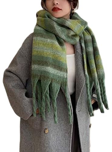 Wander Agio Winter Women Warm Scarf Long Shawl Large Scarves Cold Weather Thicker Blanket Wrap Colour Plaid Stripe Green Yellow 22