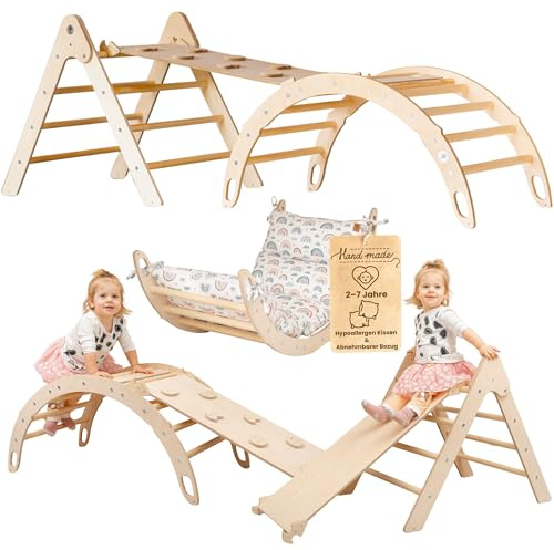 WoodsCraft 3in1 Set: Kletterdreieck, Kletterbogen & Rutsche/Kletterrampe | mit hypoallergen Kissen für Kletterbogen, holz Montessori Klettergerüst indoor, Babyrutsche, Klettern Baby & Kinder