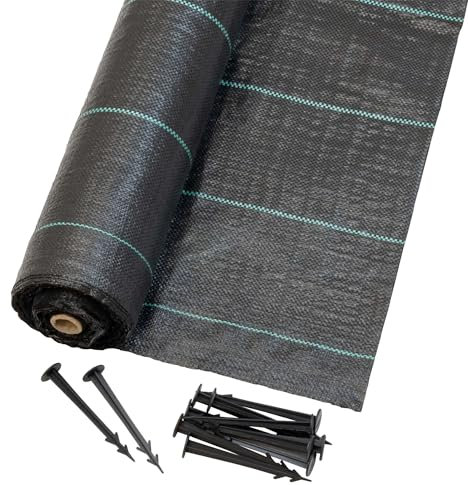 Jardinion Tessuto non tessuto anti-erbacce 100 g/m² 50m + 40 ancoraggi a terra liberi, tessuto non tessuto da giardino permeabile all'acqua, film anti-erbacce con elevata resistenza ai raggi UV, nero