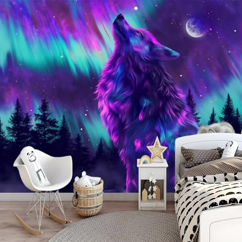 Generico Art Carta Da Parati Fotomurale 250 x 175 cm Forest Color Wolf Fotomurali Camera Da Letto Ufficio Soggiorno Decorazione Muro Murales Northern Lights Fotomurale