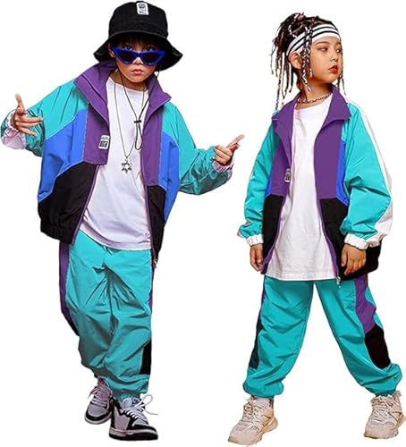 LOLANTA Conjunto Hip Hop Unisex para Niño y Niña - Ropa de Baile Urbano de 2 Piezas, Chaqueta Deportiva y Pantalón Jogger para Baile Callejero o Uso Diario,11-12,Turquesa,160