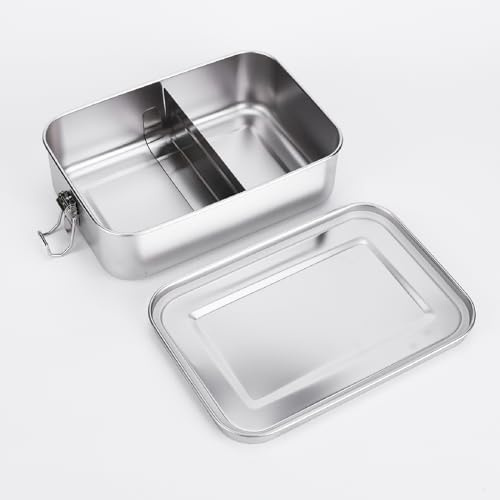 AIWMQYYF Premium Stainless Steel Lunch Box, 1400ml Leak Proof Lid Bento Boxes with Lock Clip, Portable Single Layer Food Storage Container with 2 compartments for School,Work, Camping