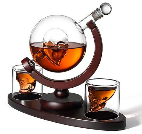clhjinruoliu Creativo Skull Glass Whisky Decanter Set 80 Ml Skull Mug Y 850 Ml Skull Vodka Globe Decanter con Estante De Madera Home Bar Kit