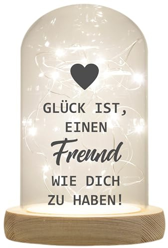 WB wohn trends LED-Glaskuppel, Glück ist einen Freund wie Dich zu haben, 16,5x11cm, Glasglocke mit LED-Licht und Holz-Fuß LED-Laterne LED-Lampe mit Text Spruch