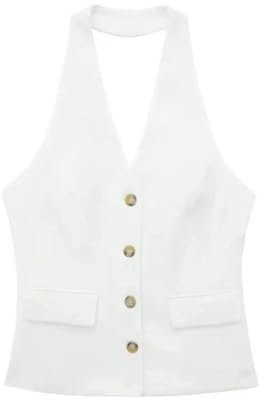 Vsadsau Solides 2-teiliges Damen-Set, Neckholder, ärmellos, Camis-Tops und Büro-Lady-Reißverschluss, lange Hose, Weißes Oberteil, L