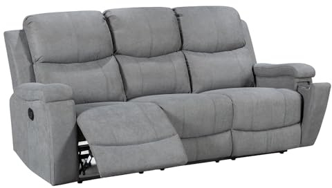 Lovesofas Dark Grey 3 Seater Recliner Sofa with Manual Pull Lever & Retractable Cup Holders - Durable Soft Chenille Fabric Upholstery, Metal Reclining Mechanism, Plush Padding