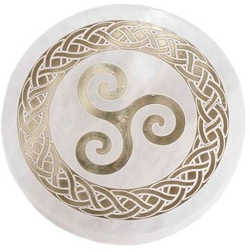 NKlaus Placa de selenita redonda de 10 cm, trisquel dorado con nudo celta, 1 unidad | Placa de energía para piedras preciosas, altar y meditación, símbolo de protección