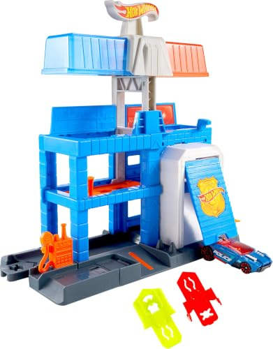 Hot Wheels Spielzeugauto Trackset, City Downtown Polizeistation und Die-Cast-Polizeiauto im Maßstab 1:64, erstreckt Sich auf 3 Ebenen, Track-Schnellstecksystem, JHL74