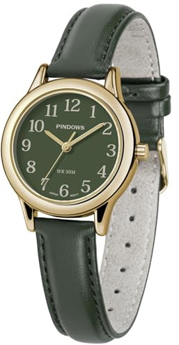 PINDOWS Analoge Armbanduhr für Damen, 32 mm, Lederarmband | präzises Quarzwerk, Mineralglas, 8 mm flach, 27,5 g leicht, leuchtendes Zifferblatt und 3 ATM für den Alltag