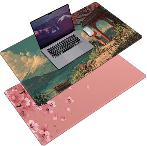 AQQA Pink Japanese Desk Mat with Stitched Edges,31.5 x 15.7 Large Dual-Sided Cherry Blossom Mousepad for Women,Mouse Pad Protector with Waterproof for Laptop Office Accessories