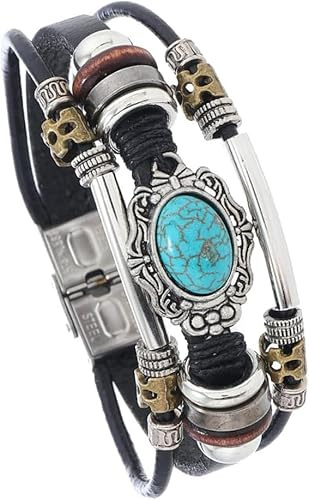 URBAN SPARKS Bohemian Retro Multi-Layer Leather Turquoise Bracelet, Adjustable Black & Brown Distressed Bracelet