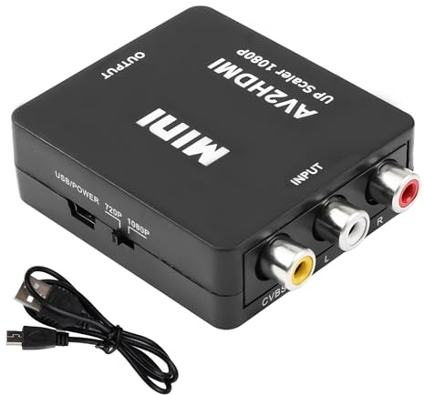 Risegun Convertidor AV a HDMI, adaptador de vídeo y audio con cable de alimentación USB, compatible con PS2/PC/VHS/VCR/reproductor de DVD Blue-Ray, compatible con PAL/NTSC (negro)