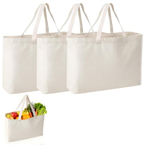 Hiuyavy Cotton Bags for Grocery, 3 PCS Tote Bag, Reusable Tote Bags Eco-Friendly Canvas Canvas Plain Tote Bags for DIY Advertising Promotion Gifts(45X35cm)