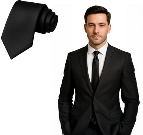 FNA FASHIONS Mens Classic Slim Skinny Satin Ties Adult Wedding Fancy Party Solid Plain Necktie (Black, One Size)