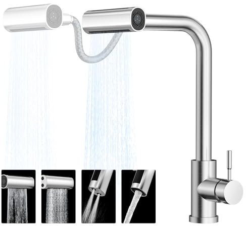 Dazone Küchenarmatur, Mischbatterie für die Küche, mit flexibler Handbrause, 360° drehbar und 4 Wasserstrahlarten, Edelstahl, Küchenarmatur
