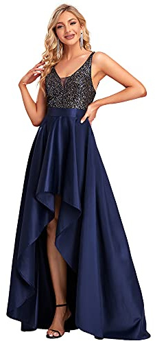 Ever-Pretty Vestito da Ballo Scollo a V Maniche Corte Linea ad A Corto Davanti Lungo Dietro da Donna Blu Navy 46