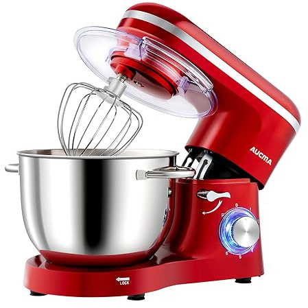 Aucma Stand Mixer,Electric Food Mixer with 6.2L Bowl for Home Baking, 1400W | 6 Speeds & Pulse, Kitchen Mixer with Dough Hook, Whisk & Beater for Cake, Bread & Pizza Dough, Quiet Motor Family Baking(Red)